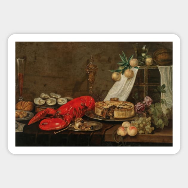 A Lobster, Oysters, Pastry, Mixed Fruit and Filled Wine Glasses on a Partially Draped Table by Frans Ykens Magnet by Classic Art Stall